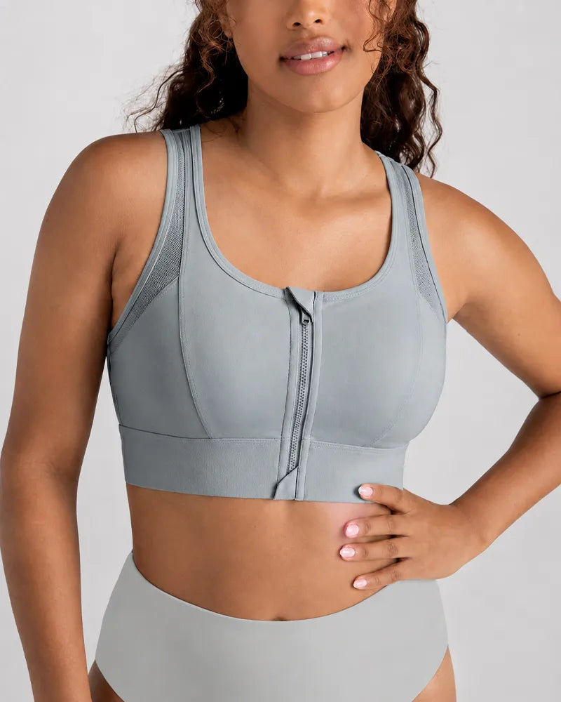 Mesh Zipper Sports Bra with Breathable Support