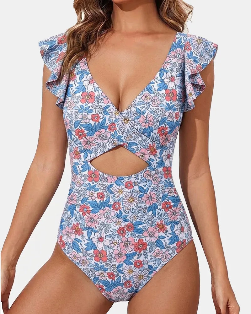 Ruffle Sleeve Cut-Out One Piece Swimsuit
