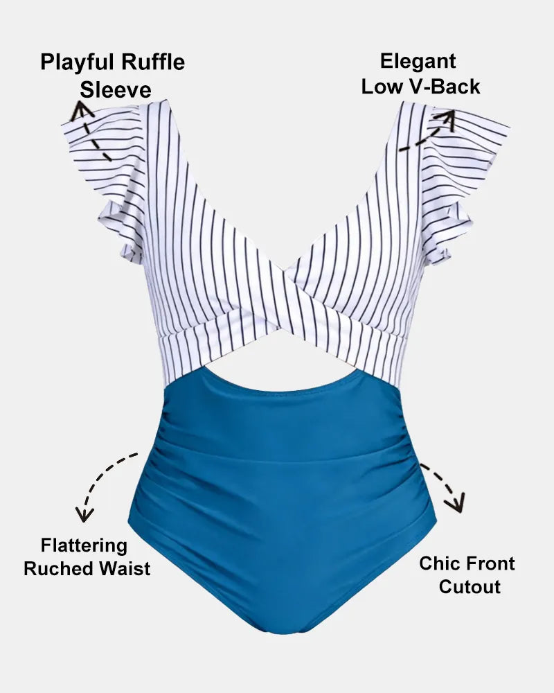 Ruffle Sleeve Cut-Out One Piece Swimsuit