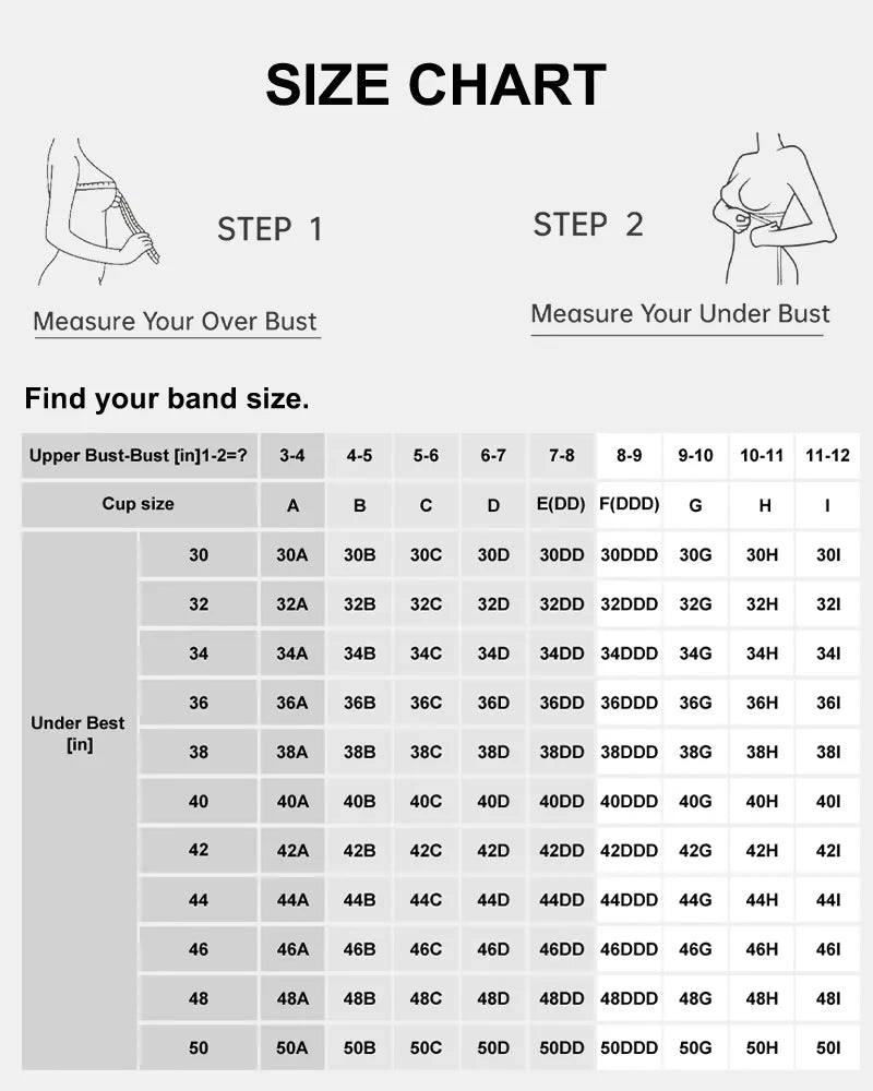 3D Molded Underwire Bra with Wide Strap Shoulder Support Size Chart