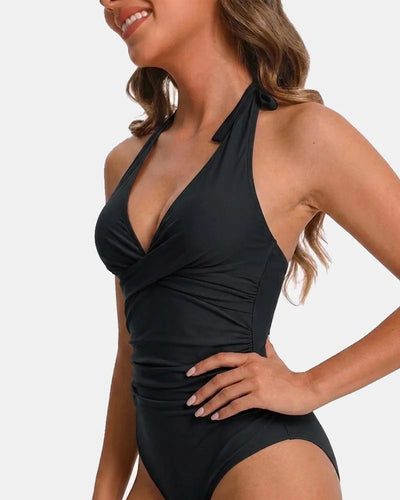 Crossfront Ruched V-Neck Tie-Back One-Piece Swimsuit
