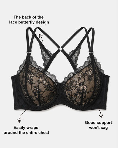 Lace Underwire Push Up Bra with Butterfly Detail Back Wings