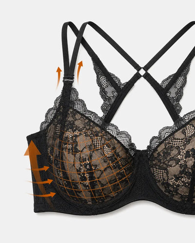 Lace Underwire Push Up Bra with Butterfly Detail Back Wings