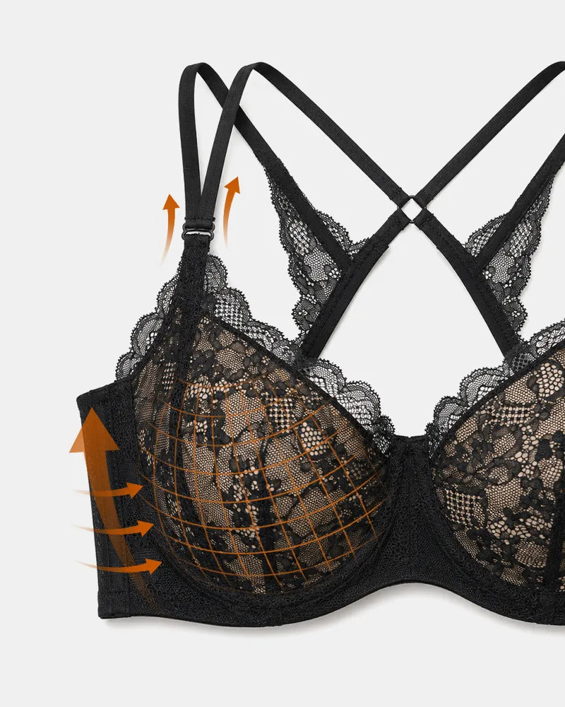 Lace Underwire Push Up Bra with Butterfly Detail Back Wings