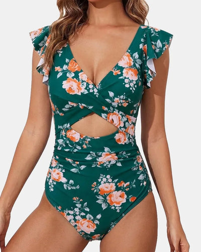 Ruffle Sleeve Cut-Out One Piece Swimsuit