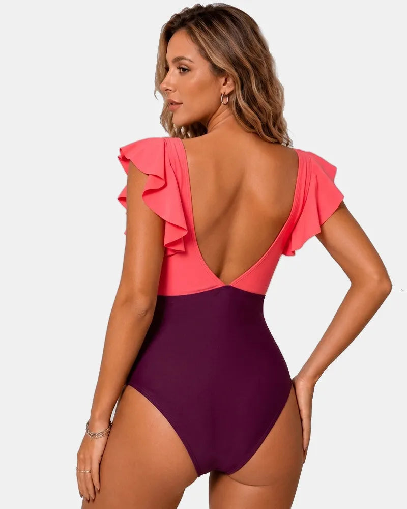 Ruffle Sleeve Cut-Out One Piece Swimsuit