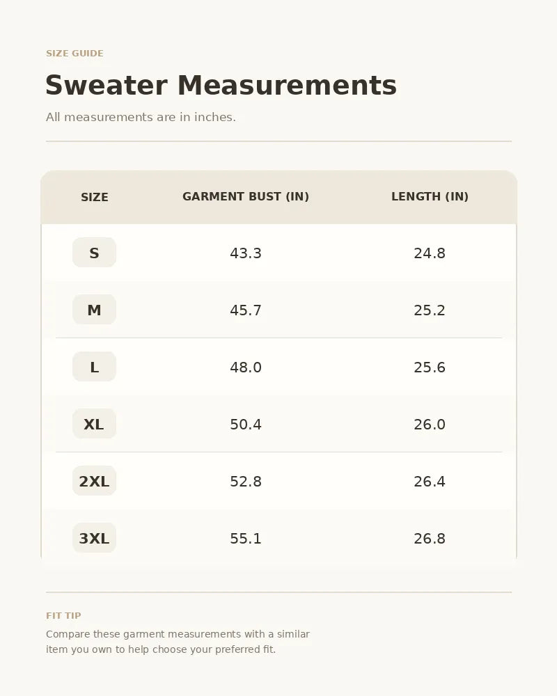 Women's 3/4 Sleeve Knit Sweater Size Chart
