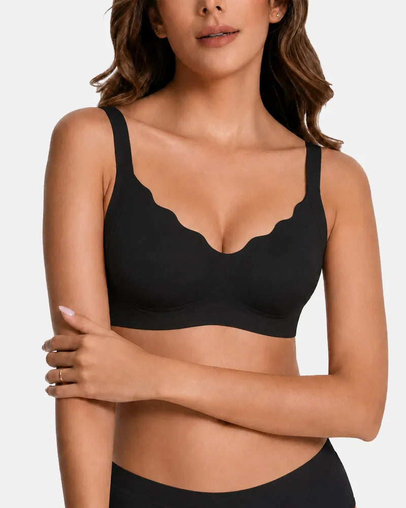 Women's V-Neck Scalloped Wireless Bra - Black - Soft Intention-1