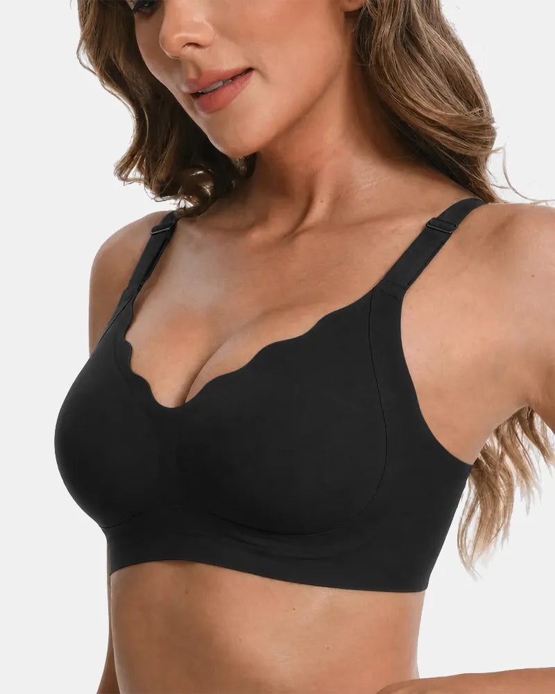 Women's V-Neck Scalloped Wireless Bra - Black - Soft Intention-2